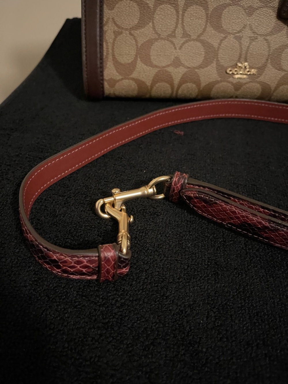 Coach Brown Signature Canvas Tote with Burgundy Leather Trim - Picture 5 of 16